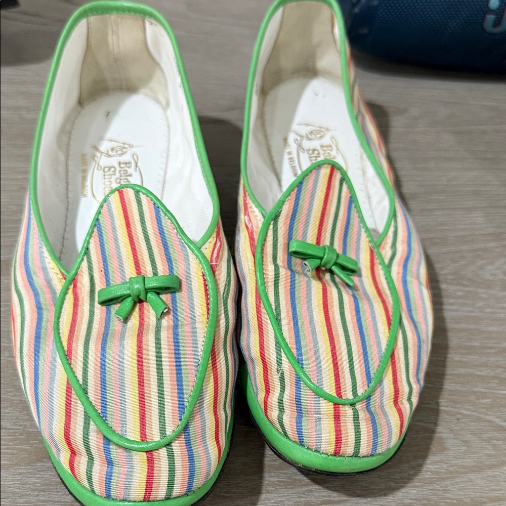 BELGIAN SHOES MIDINETTE Colorful Striped Women's Loafers with Green Trim